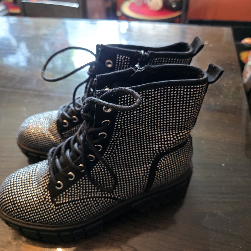 Rhinestone Lace-Up Black Combat Boots for Women Size 8.5